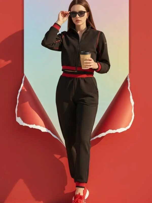 Women's Black & Red Cropped Tracksuit Set